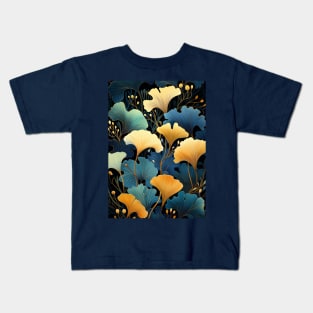 Blue And Gold Ginkgo Leaves Kids T-Shirt